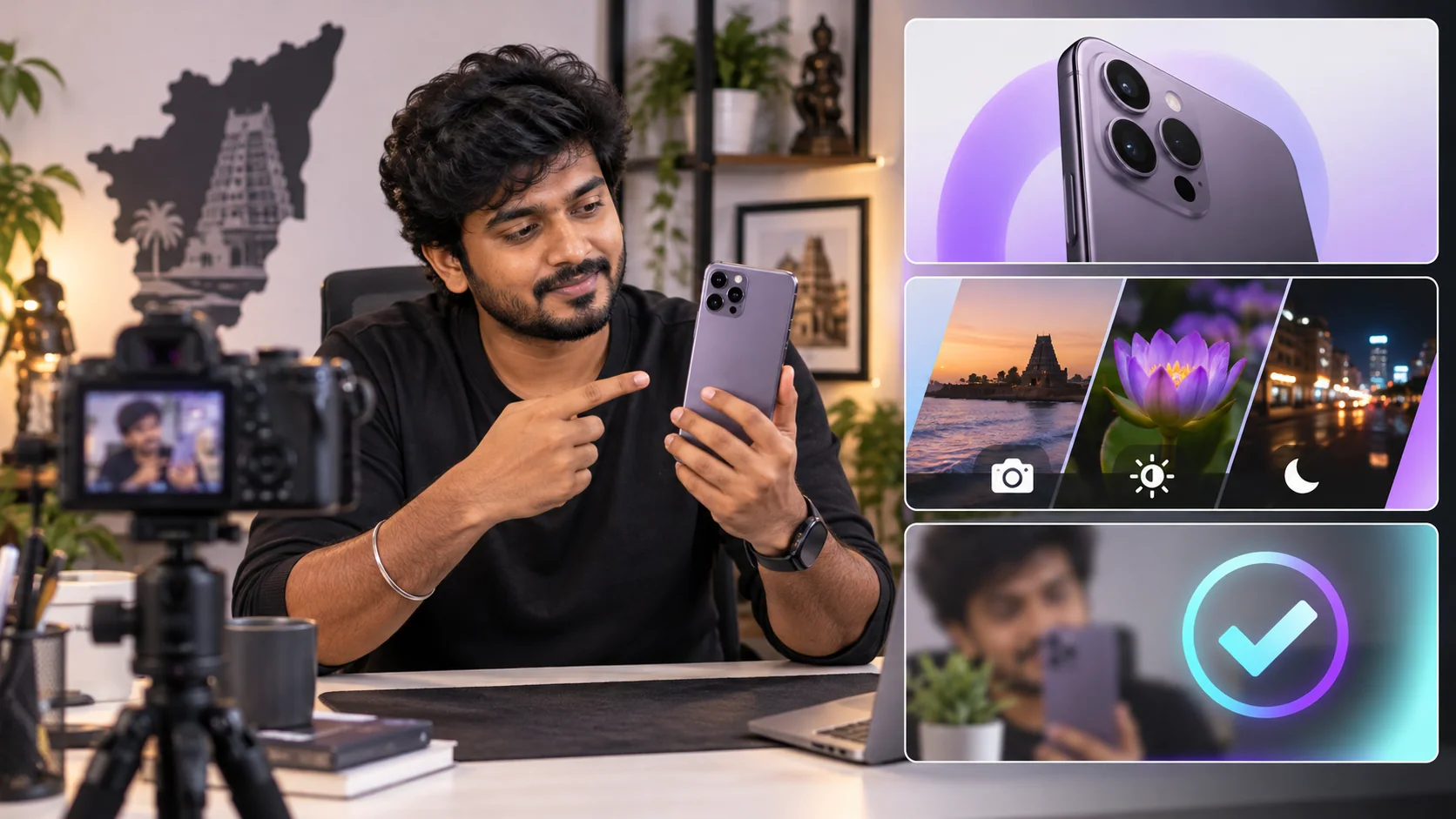 Tamil technology reviewer presenting a smartphone and comparing clear title directions