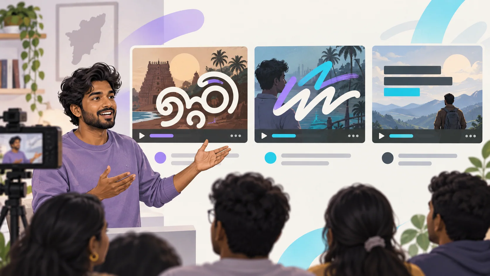 Tamil creator comparing Tamil, Tanglish and English title treatments with an audience