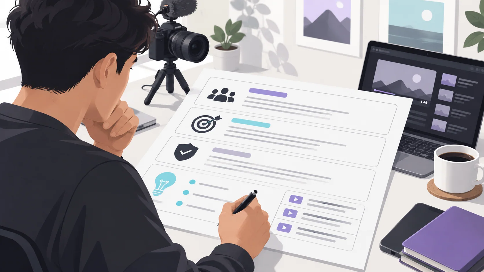 Creator completing a structured YouTube title brief for audience, promise, proof and variants