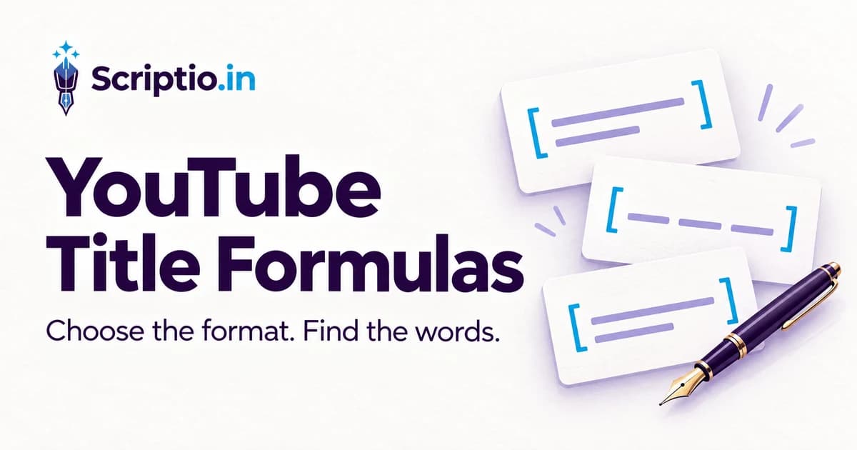 YouTube title formulas illustrated with sentence-template cards and a fountain pen