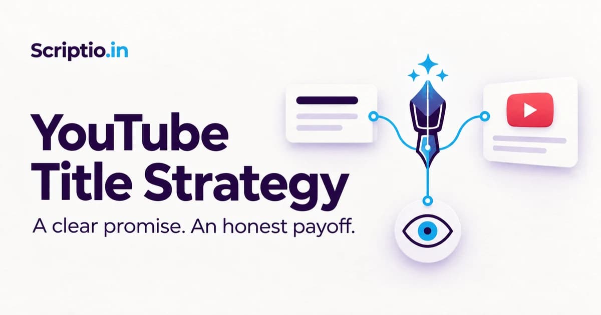 YouTube title strategy illustration linking a writing nib, title card, video and viewer