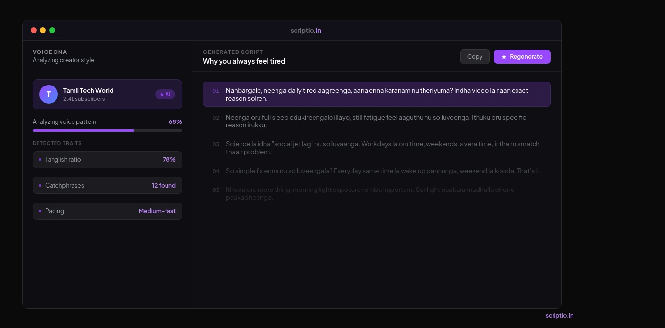Scriptio Tamil AI scriptwriter generating a Tanglish script in the creator's own voice